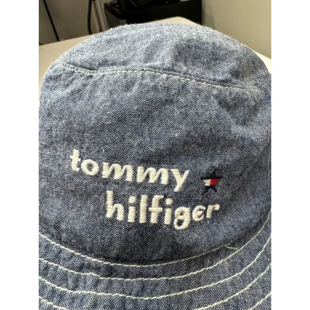 Vintage 1990s Tommy Hilfiger Kids Bucket Hat Denim Gingham Logo Y2K Size 4-6X